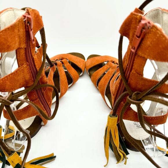 Jeffrey Campbell Redondo Caged Suede Gladiator Tassel Tie Sandal Orange Size 7.5 - Picture 10 of 13